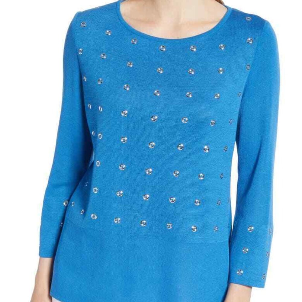 Ming Wang $260 52540 Twilight Blue Grommet Detail Sweater Sz 0X NWT !